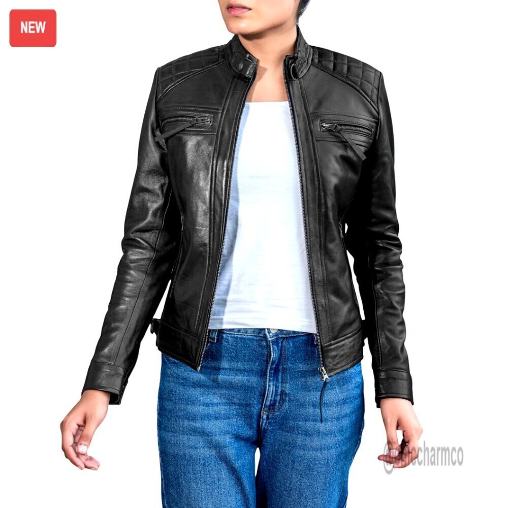 Quilted Lambskin Leather Jacket Cafe Racer Style Diamond Shoulder Design